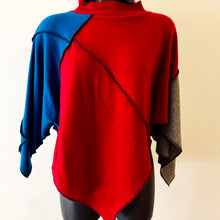 Load image into Gallery viewer, Upcycled from three different cashmere sweater tops, that were filled with holes and somewhat tattered...used the bits remaining that were still intact and still soft as ever. Gathered loosely on the sides so it keeps cozy to your body, with wide turtleneck. This top is V-shaped, and a loose fit for variety of body types! Perfect lightweight and warm top or layer for winter!  