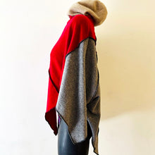 Load image into Gallery viewer, Upcycled from three different cashmere sweater tops, that were filled with holes and somewhat tattered...used the bits remaining that were still intact and still soft as ever. Gathered loosely on the sides so it keeps cozy to your body, with wide turtleneck. This top is V-shaped, and a loose fit for variety of body types! Perfect lightweight and warm top or layer for winter!  