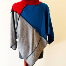 Load image into Gallery viewer, Upcycled from three different cashmere sweater tops, that were filled with holes and somewhat tattered...used the bits remaining that were still intact and still soft as ever. Gathered loosely on the sides so it keeps cozy to your body, with wide turtleneck. This top is V-shaped, and a loose fit for variety of body types! Perfect lightweight and warm top or layer for winter!  