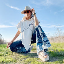 Load image into Gallery viewer, Upcycled from a collection of salvaged denim threads, including denim pants from a professional painter. Base jeans are from GUESS Womens size 27 fit, and in excellent condition! Some give/stretch denim with some intentional distress and random pockets. Added denim bits and pieces to create wide-flared bottoms. 