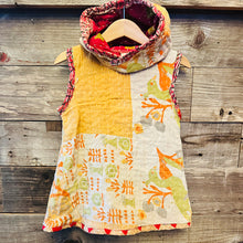 Load image into Gallery viewer, Upcycled from a salvaged vintage hand woven Indian Kantha blanket. Sweet little hoodie, super lightweight, and can be worn as a dress or longer flowy top with leggings. Lots of vibrant color, outside and inside is different and with beautiful detail, a sweet and very unique piece! 
 Handcrafted with love and intention. 
Upcycled sleeveless dress
One-of-a-kind
Vibrant color vibes
Handmade in Santa Cruz, CA