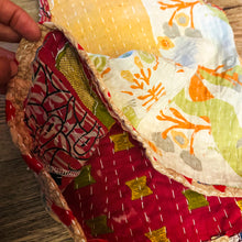 Load image into Gallery viewer, Upcycled from a salvaged vintage hand woven Indian Kantha blanket. Sweet little hoodie, super lightweight, and can be worn as a dress or longer flowy top with leggings. Lots of vibrant color, outside and inside is different and with beautiful detail, a sweet and very unique piece! 
 Handcrafted with love and intention. 
Upcycled sleeveless dress
One-of-a-kind
Vibrant color vibes
Handmade in Santa Cruz, CA