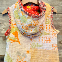Load image into Gallery viewer, Upcycled from a salvaged vintage hand woven Indian Kantha blanket. Sweet little hoodie, super lightweight, and can be worn as a dress or longer flowy top with leggings. Lots of vibrant color, outside and inside is different and with beautiful detail, a sweet and very unique piece! 
 Handcrafted with love and intention. 
Upcycled sleeveless dress
One-of-a-kind
Vibrant color vibes
Handmade in Santa Cruz, CA