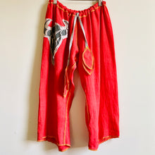 Load image into Gallery viewer, <p>Upcycled from salvaged vintage linen cotton curtain panels, dyed, and upcycled into these loose and flowy, wide leg pants/capri pants. We are all about comfort and versatility! Cord waist string, revealed stitching for color and whimsy. Cotton graphic tee with buck horn vibes.   </p> <p>Handcrafted with love and intention. </p> <ul> <li>Handmade in Santa Cruz, CA</li> <li>One-of-a-kind</li> <li>Size 7-9 youth (wide fit, can also work for bigger sizes as capri pants!</li> </ul>