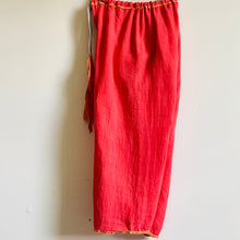 Load image into Gallery viewer, <p>Upcycled from salvaged vintage linen cotton curtain panels, dyed, and upcycled into these loose and flowy, wide leg pants/capri pants. We are all about comfort and versatility! Cord waist string, revealed stitching for color and whimsy. Cotton graphic tee with buck horn vibes.   </p> <p>Handcrafted with love and intention. </p> <ul> <li>Handmade in Santa Cruz, CA</li> <li>One-of-a-kind</li> <li>Size 7-9 youth (wide fit, can also work for bigger sizes as capri pants!</li> </ul>