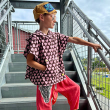 Load image into Gallery viewer, <p>Upcycled from salvaged vintage linen cotton curtain panels, dyed, and upcycled into these loose and flowy, wide leg pants/capri pants. We are all about comfort and versatility! Cord waist string, revealed stitching for color and whimsy. Cotton graphic tee with buck horn vibes.   </p> <p>Handcrafted with love and intention. </p> <ul> <li>Handmade in Santa Cruz, CA</li> <li>One-of-a-kind</li> <li>Size 7-9 youth (wide fit, can also work for bigger sizes as capri pants!</li> </ul>