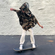 Load image into Gallery viewer, Upcycled from remnant camp fleece scrap, size versatility - youth and adult alike! Extremely lightweight, flowy, with an oversized hoodie. It's THE perfect layer of warmth, and cozy. 
Handcrafted with love and intention.
Fall woods cozy vibes
One-of-a-kind
Cold wash
Handmade in Santa Cruz, CA