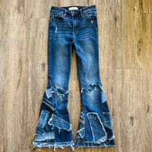 Load image into Gallery viewer, Upcycled from salvaged denim. Base jeans are from Abercrombie & Fitch Kids size 24 high rise (9/10), in great condition! Stretch denim with some intentional distress. Added denim bits and pieces, sashiko stitching for detail and embellishment, medium-flared bottoms. 
Handcrafted with love and intention.
One-of-a-kind
Fresh vibes
Size 24 kids (9/10)
Cold wash, like you would any pair of jeans, for longevity
Handmade in Santa Cruz, CA