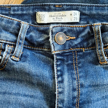 Load image into Gallery viewer, Upcycled from salvaged denim. Base jeans are from Abercrombie & Fitch Kids size 24 high rise (9/10), in great condition! Stretch denim with some intentional distress. Added denim bits and pieces, sashiko stitching for detail and embellishment, medium-flared bottoms. 
Handcrafted with love and intention.
One-of-a-kind
Fresh vibes
Size 24 kids (9/10)
Cold wash, like you would any pair of jeans, for longevity
Handmade in Santa Cruz, CA