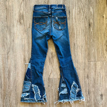 Load image into Gallery viewer, Upcycled from salvaged denim. Base jeans are from Abercrombie & Fitch Kids size 24 high rise (9/10), in great condition! Stretch denim with some intentional distress. Added denim bits and pieces, sashiko stitching for detail and embellishment, medium-flared bottoms. 
Handcrafted with love and intention.
One-of-a-kind
Fresh vibes
Size 24 kids (9/10)
Cold wash, like you would any pair of jeans, for longevity
Handmade in Santa Cruz, CA