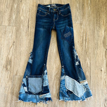 Load image into Gallery viewer, Upcycled from salvaged denim. Base jeans are from YMIGirl Kids size 7, in great condition! Stretch denim with some intentional distress. Added denim bits and pieces, sashiko stitching for detail and embellishment, medium-flared bottoms. 
Handcrafted with love and intention.
One-of-a-kind
Fresh vibes
Size 7
Cold wash, like you would any pair of jeans, for longevity
Handmade in Santa Cruz, CA