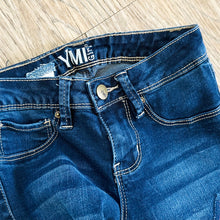 Load image into Gallery viewer, Upcycled from salvaged denim. Base jeans are from YMIGirl Kids size 7, in great condition! Stretch denim with some intentional distress. Added denim bits and pieces, sashiko stitching for detail and embellishment, medium-flared bottoms. 
Handcrafted with love and intention.
One-of-a-kind
Fresh vibes
Size 7
Cold wash, like you would any pair of jeans, for longevity
Handmade in Santa Cruz, CA