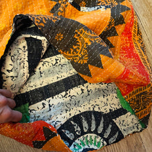 Load image into Gallery viewer, Upcycled from a salvaged vintage hand woven Indian Kantha blanket. Two front pockets and a hoodie - its super lightweight and comfortable, and can be worn as a dress or longer flowy top with leggings. Lots of vibrant color, outside and inside is different and with beautiful detail, super comfortable, it's such a sweet and unique piece!
 Handcrafted with love and intention. 
Upcycled sleeveless dress
One-of-a-kind
Vibrant color vibes
Handmade in Santa Cruz, CA