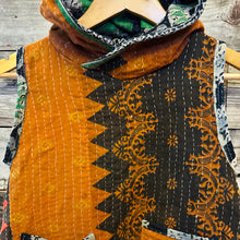 Load image into Gallery viewer, Upcycled from a salvaged vintage hand woven Indian Kantha blanket. Two front pockets and a hoodie - its super lightweight and comfortable, and can be worn as a dress or longer flowy top with leggings. Lots of vibrant color, outside and inside is different and with beautiful detail, super comfortable, it's such a sweet and unique piece!
 Handcrafted with love and intention. 
Upcycled sleeveless dress
One-of-a-kind
Vibrant color vibes
Handmade in Santa Cruz, CA