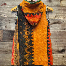 Load image into Gallery viewer, Upcycled from a salvaged vintage hand woven Indian Kantha blanket. Two front pockets and a hoodie - its super lightweight and comfortable, and can be worn as a dress or longer flowy top with leggings. Lots of vibrant color, outside and inside is different and with beautiful detail, super comfortable, it's such a sweet and unique piece!
 Handcrafted with love and intention. 
Upcycled sleeveless dress
One-of-a-kind
Vibrant color vibes
Handmade in Santa Cruz, CA