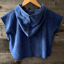 Load image into Gallery viewer, Upcycled from a barely used (if at all) french terry towel, an organic cotton graphic tee, and salvaged buttons. Super lightweight with hoodie. Front pockets for your special little finds. Perfect layer of warmth and cozy, poolside, beachside, ANY side!   Handcrafted with love and intention.  Sacred Geometry vibes One-of-a-kind  Handmade in Santa Cruz, CA