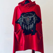 Load image into Gallery viewer, Upcycled from  french terry remnant, and salvaged graphic from a cotton jersey top. Lightweight, super flowy, with oversized front pockets and hoodie. A perfect layer of cozy.
Handcrafted with love and intention.
Upcycled poncho
Western vibes
One-of-a-kind
Cold wash
Handmade in Santa Cruz, CA