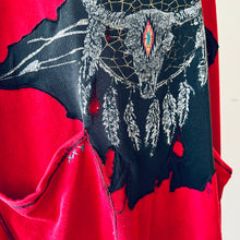 Load image into Gallery viewer, Upcycled from  french terry remnant, and salvaged graphic from a cotton jersey top. Lightweight, super flowy, with oversized front pockets and hoodie. A perfect layer of cozy.
Handcrafted with love and intention.
Upcycled poncho
Western vibes
One-of-a-kind
Cold wash
Handmade in Santa Cruz, CA