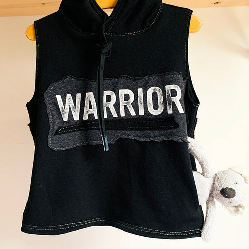 Upcycled from adult cotton hoodie, a Spiritual Gangster graphic tee, and salvaged eagle graphic from an adult jacket. Drawstring cord on hood, two side pockets for little tiny hands and finds...a super cute little layer of love and warrior vibes.