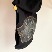 Load image into Gallery viewer, Upcycled from adult cotton hoodie, a Spiritual Gangster graphic tee, and salvaged eagle graphic from an adult jacket. Drawstring cord on hood, two side pockets for little tiny hands and finds...a super cute little layer of love and warrior vibes.