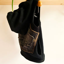 Load image into Gallery viewer, Upcycled from adult cotton hoodie, a Spiritual Gangster graphic tee, and salvaged eagle graphic from an adult jacket. Drawstring cord on hood, two side pockets for little tiny hands and finds...a super cute little layer of love and warrior vibes.