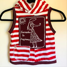 Load image into Gallery viewer, Upcycled from adult cotton holiday pajamas, a Shari Elf kids graphic tee, and salvaged button. A cute little layer of love, with a small pocket for treasures.  Handcrafted with love and intention.   Upcycled and one-of-a-kind A little pocket for treasures Lightweight Handmade in Santa Cruz, CA Cold wash