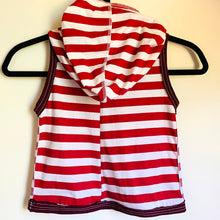 Load image into Gallery viewer, Upcycled from adult cotton holiday pajamas, a Shari Elf kids graphic tee, and salvaged button. A cute little layer of love, with a small pocket for treasures.  Handcrafted with love and intention.   Upcycled and one-of-a-kind A little pocket for treasures Lightweight Handmade in Santa Cruz, CA Cold wash