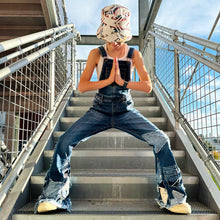 Load image into Gallery viewer, Upcycled from salvaged super stretch denim overalls, super colorful denim scraps, and hand stitching for added whimsy. More denim scraps as added embellishments and fun and unique detail. Base jeans are Cat & Jack, youth size 10/12, and in excellent condition! Intentional distress, fun denim bits and pieces fabric, this piece is super cute! Medium-flared bottoms. 