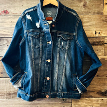 Load image into Gallery viewer, Upcycled from a salvaged denim youth jacket, and vintage Guatemalan tapestry. Intentional distress for super urban vibes, and eccentric and unique with gorgeous Guatemalan vibes on the back - a perfect layer of funky and FLY. 
Handcrafted with love and intention.
One-of-a-kind
Youth size 14-16 / XL
Handmade in Santa Cruz, CA