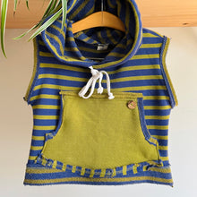 Load image into Gallery viewer, Upcycled from an adult oversized Free People cotton blend top. One front pocket, hoodie and cute little details for one of a kind fly. This piece is a perfect colorful and eclectic layer of love and added warmth! 
Handcrafted with love and intention. 
Upcycled and one-of-a-kind
One front pockets 
Handmade in Santa Cruz, CA
Cold wash
