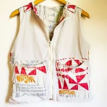 Load image into Gallery viewer, Upcycled from a cotton linen curtain, and adult cotton pants. Lined, with little details, pockets and a zipper. Whimsical, durable, a perfect layer of cozy and fun. 
Handcrafted with love and intention. 
Upcycled jacket vest
One-of-a-kind
Size 10-12 youth/ M
Cold wash
Handmade in Santa Cruz, CA