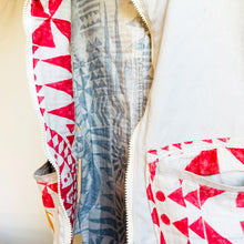 Load image into Gallery viewer, Upcycled from a cotton linen curtain, and adult cotton pants. Lined, with little details, pockets and a zipper. Unique, lightweight, durable, a perfect layer of cozy, fresh and fly. 
Handcrafted with love and intention. 
Upcycled jacket vest
One-of-a-kind
Size 10-12 youth/ M
Cold wash
Handmade in Santa Cruz, CA
