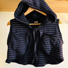Load image into Gallery viewer, Upcycled bolero vest, from striped wool scraps (remnants from another project). Waste nothing! Lightweight and a perfect layer of cozy! Two pockets for just in case you find a little treasure along your way!
Handcrafted with love and intention. 
Handmade in Santa Cruz, CA
One-of-a-kind
Super comfortable 
Cozy layer of warmth
Cold wash, hang dry