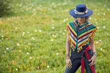 Load image into Gallery viewer, Upcycled from a 1930s Mexican Saltillo serape textile. This is very finely loom-woven wool, with exquisite, vibrant color, still in excellent condition. Lightweight, with added vintage dinge all fringe. A perfect layer of warmth and FLY. 
Handcrafted with love and intention.
Upcycled Capelet
Culturally exquisite vibes
One-of-a-kind
All size
Handmade in Santa Cruz, CA