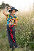 Load image into Gallery viewer, Upcycled from a 1930s Mexican Saltillo serape textile. This is very finely loom-woven wool, with exquisite, vibrant color, still in excellent condition. Lightweight, with added vintage dinge all fringe. A perfect layer of warmth and FLY. 
Handcrafted with love and intention.
Upcycled Capelet
Culturally exquisite vibes
One-of-a-kind
All size
Handmade in Santa Cruz, CA