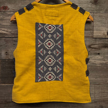 Load image into Gallery viewer, Upcycled from a cotton blend ladies skirt, cotton dress top and salvaged piece of vintage tapestry. Details, smock vibes, and revealed stitching for added whimsey and uniqueness. Two heavy duty pockets for all the magical finds, lined and a perfect layer of cozy and fresh. 
Handcrafted with love and intention. 
Upcycled spirit vest
One-of-a-kind
Size 8-10 youth
Cold wash, hang dry
Handmade in Santa Cruz, CA