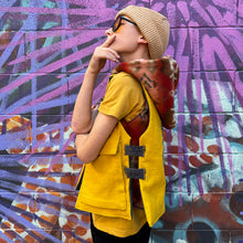 Load image into Gallery viewer, Upcycled from a cotton blend skirt, cotton top and salvaged vintage tapestry. Details, embellishments, revealed stitching and two large heavy duty pockets for added whimsey and uniqueness. Lined for warmth and durability, a perfect layer of cozy and fresh. 
Handcrafted with love and intention. 
Upcycled jacket vest
One-of-a-kind
Size 8-10 youth
Cold wash, hang dry
Handmade in Santa Cruz, CA