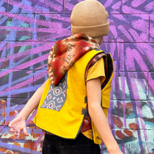 Load image into Gallery viewer, Upcycled from a cotton blend skirt, cotton top and salvaged vintage tapestry. Details, embellishments, revealed stitching and two large heavy duty pockets for added whimsey and uniqueness. Lined for warmth and durability, a perfect layer of cozy and fresh. 
Handcrafted with love and intention. 
Upcycled jacket vest
One-of-a-kind
Size 8-10 youth
Cold wash, hang dry
Handmade in Santa Cruz, CA