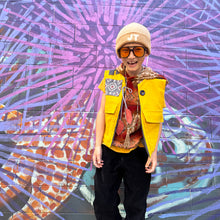 Load image into Gallery viewer, Upcycled from a cotton blend skirt, cotton top and salvaged vintage tapestry. Details, embellishments, revealed stitching and two large heavy duty pockets for added whimsey and uniqueness. Lined for warmth and durability, a perfect layer of cozy and fresh. 
Handcrafted with love and intention. 
Upcycled jacket vest
One-of-a-kind
Size 8-10 youth
Cold wash, hang dry
Handmade in Santa Cruz, CA