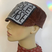 Load image into Gallery viewer, One of a kind design elements and embellishments upcycled from salvaged remnant fabric scraps, and hand sewn in Santa Cruz, CA. 100% cotton cap, handmade in Bali.   High vibration elements  Brown corduroy cap Block print patch by Iriecyclearts 100% cotton US size 7 1/2" *  Wash cold, hang dry *see size chart for detailed measurement
