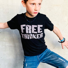 Load image into Gallery viewer, lilzen works of heART: FREE THINKER  May you stand in your power, and generate ideas and thoughts of your own, undiluted by prejudices of society. May you hold the ability to think without bias, question without fear and speak without regret.  100% cotton, adult tee, hand screen printed with white ink.   100% cotton Screen printed by hand in Santa Cruz, CA Limited run