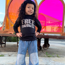 Load image into Gallery viewer, lilzen works of heART: FREE THINKER  May you stand in your power, and generate ideas and thoughts of your own, undiluted by prejudices of society. May you hold the ability to think without bias, question without fear and speak without regret.  100% cotton, adult tee, hand screen printed with white ink.   100% cotton Screen printed by hand in Santa Cruz, CA Liquidating - grab one of the last of these!!