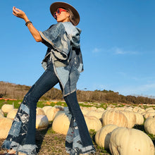 Load image into Gallery viewer, Upcycled from a collection of salvaged denim threads, including denim pants from a professional painter. Base jeans are from GUESS Womens size 27 fit, and in excellent condition! Some give/stretch denim with some intentional distress and random pockets. Added denim bits and pieces to create wide-flared bottoms.&nbsp;
