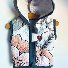Load image into Gallery viewer, Upcycled from a vintage quilt and Eileen Fisher adult cotton top. Super amazing fabric and salvaged button. Lightweight, hoodie, and a perfect layer of love and CUTE! One from a very small, limited collection.  Handcrafted with love and intention.   Upcycled and one-of-a-kind Lightweight Handmade in Santa Cruz, CA Cold wash
