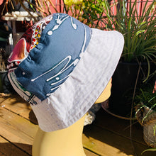 Load image into Gallery viewer, Blue and White Reversible Batik Bucket Hat - US size adult S/M
