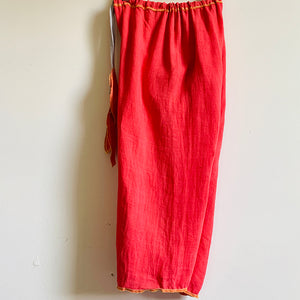 <p>Upcycled from salvaged vintage linen cotton curtain panels, dyed, and upcycled into these loose and flowy, wide leg pants/capri pants. We are all about comfort and versatility! Cord waist string, revealed stitching for color and whimsy. Cotton graphic tee with buck horn vibes.&nbsp; &nbsp;</p> <p>Handcrafted with love and intention.&nbsp;</p> <ul> <li>Handmade in Santa Cruz, CA</li> <li>One-of-a-kind</li> <li>Size 7-9 youth (wide fit, can also work for bigger sizes as capri pants!</li> </ul>