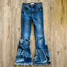 Load image into Gallery viewer, Upcycled from salvaged denim. Base jeans are from Abercrombie &amp; Fitch Kids size 24 high rise (9/10), in great condition! Stretch denim with some intentional distress. Added denim bits and pieces, sashiko stitching for detail and embellishment, medium-flared bottoms.&nbsp;

Handcrafted with love and intention.

One-of-a-kind
Fresh vibes
Size 24 kids (9/10)

Cold wash, like you would any pair of jeans, for longevity
Handmade in Santa Cruz, CA
