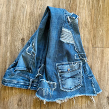 Load image into Gallery viewer, Upcycled from salvaged denim threads, and my own hand screen printed patch &quot;BEcause the eARTh&quot;. Base jeans are from Pilcro and the Letterpress&nbsp;Womens size 27, and in great condition! Some give/stretch denim with some intentional distress. Added denim bits and pieces to create flared bottoms.
