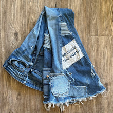 Load image into Gallery viewer, Upcycled from salvaged denim threads, and my own hand screen printed patch &quot;BEcause the eARTh&quot;. Base jeans are from Pilcro and the Letterpress&nbsp;Womens size 27, and in great condition! Some give/stretch denim with some intentional distress. Added denim bits and pieces to create flared bottoms.
