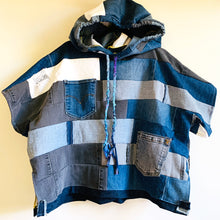 Load image into Gallery viewer, &lt;p&gt;Upcycled from a collection of salvaged demin pants, and organic bamboo cotton scrap (for the braided cord on the hoody). Lightweight and flowy, with oversized hoody. A little combo between hippie and funky fly! Some denim pieces already with intentional distress or otherwise well-loved and delicious. Several pockets sprinkled throughout for embellishment and little, magical finds. This piece is the perfect lightweight layer of warmth and FLY.&nbsp;&lt;/p&gt; &lt;p&gt;Handcrafted with love and intention.&lt;/p&gt;
